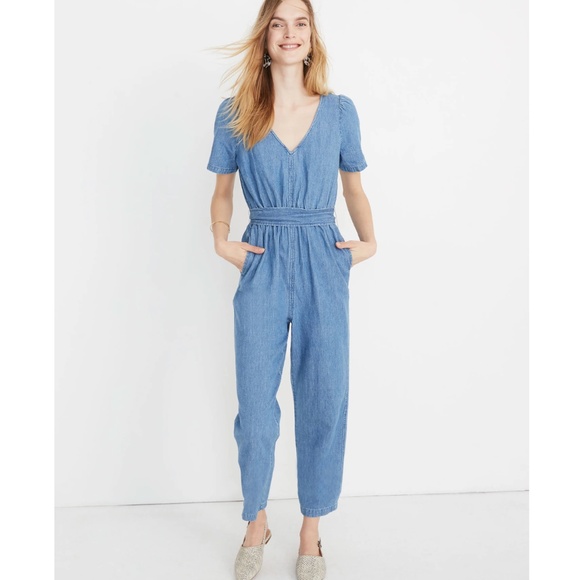 Madewell Blue Chambray Denim Puff-Sleeve Tapered Jumpsuit *Missing Sash Size 4 - Picture 1 of 13